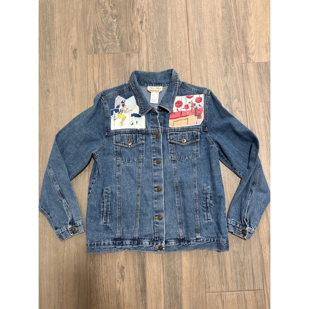 Jane Elissa Artistic Creations Denim Jacket Size Medium New York/California Art